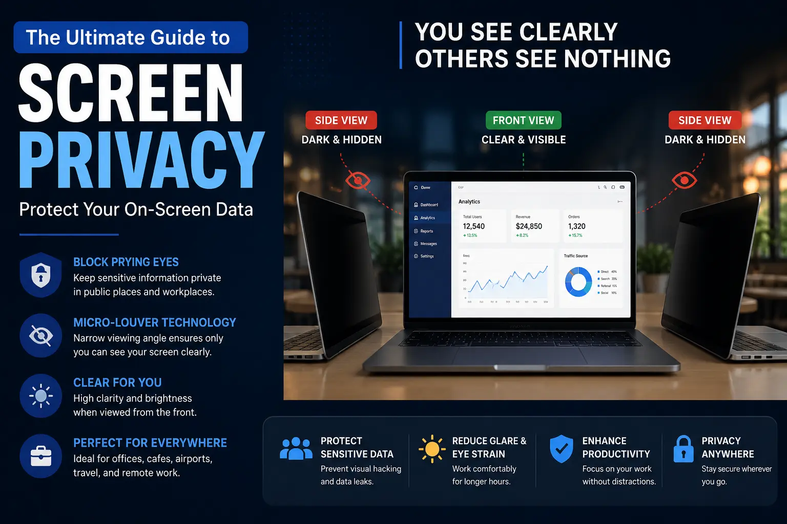 Protecting laptop screen privacy with a micro-louver privacy filter in an open public workspace